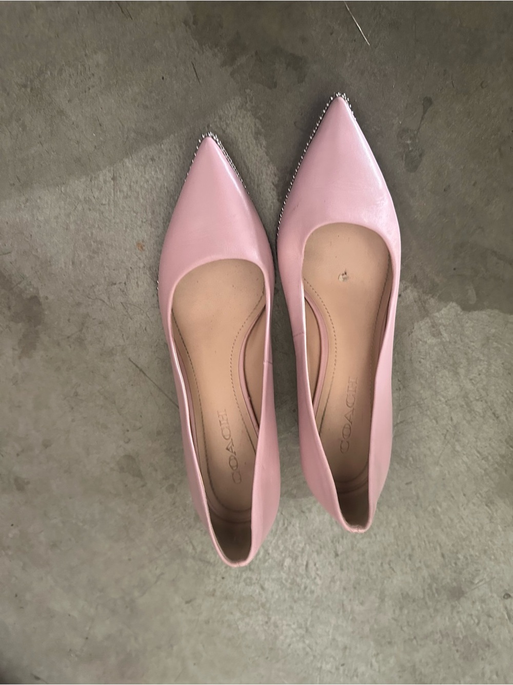 Coach Women's Pink Pointed Toe Leather Flats with Metallic Trim